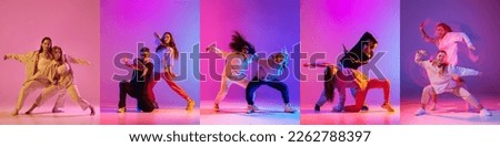 Collage of energetic young hip-hop dancers in motion over multicolored background in neon light. Street style. Concept of music, dance, motion, action, rhytm, youth. Banner, flyer