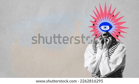 Fear. Creative artwork of woman with 3D origami mask on her head over light background. Concept of art, creativity, fashion, eras comparison, style and aspiration. Banner with copy space Royalty-Free Stock Photo #2262816295