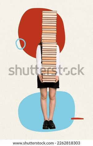 Vertical photo collage of schoolgirl elementary wear uniform hold much books materials prepare final examination isolated on drawing background Royalty-Free Stock Photo #2262818303