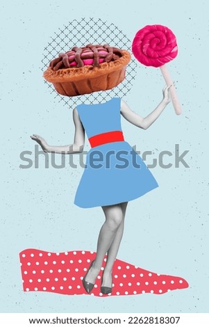 Vertical photo creative collage of young headless woman painted skirt dancing hold lollipop absurd sweet pie isolated on blue painted background