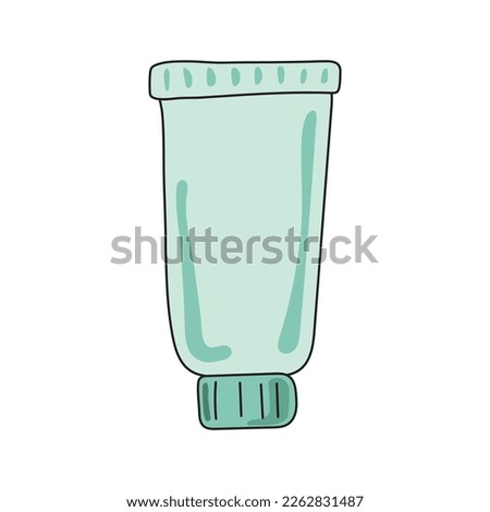 tube of cream, antiseptic or toothpaste in the style of doodles. Clip art on topic of cosmetics, beauty, brushing teeth, oral hygiene, protection from germs. Isolated on white background. Vector Illus