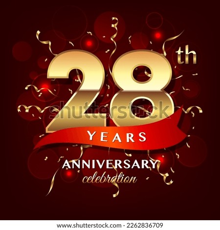 28th Anniversary logo design with golden numbers and red ribbon for anniversary celebration event, invitation, wedding, greeting card, banner, poster, flyer, brochure, book cover. Logo Vector Template