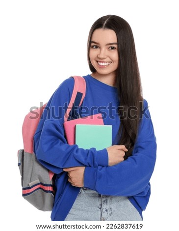 Teenage girl with backpack and textbooks on white background Royalty-Free Stock Photo #2262837619