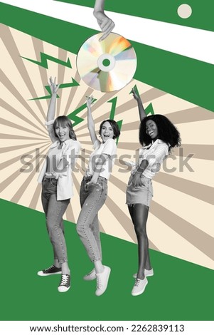 Vertical collage artwork party invitation funny girls dancing carefree have fun listen music chill weekend cd disc isolated on gray background
