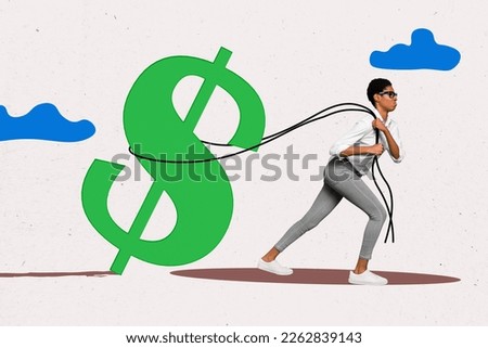 3d retro abstract creative artwork template collage of purposeful lady guy dragging big dollar sign isolated painting background