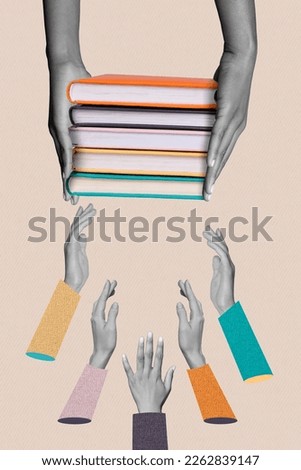 Vertical collage illustration of black white colors people raise arms reach pile stack book isolated on painted background