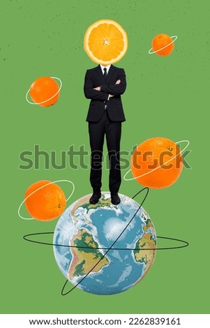 Vertical collage picture of formalwear man crossed arms orange fruit instead head stand mini planet earth globe isolated on green background