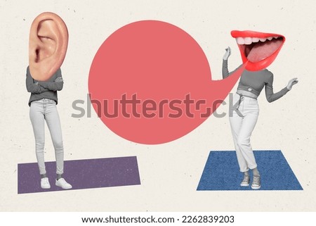 Creative collage illustration of two black white effect people big ear mouth instead head communicate isolated on drawing background Royalty-Free Stock Photo #2262839203