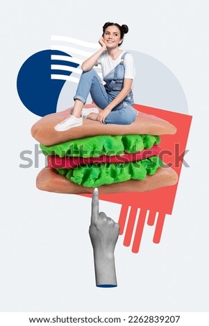 Vertical collage image of black white gamma arm finger point mini cheerful girl sit artificial burger isolated on creative background