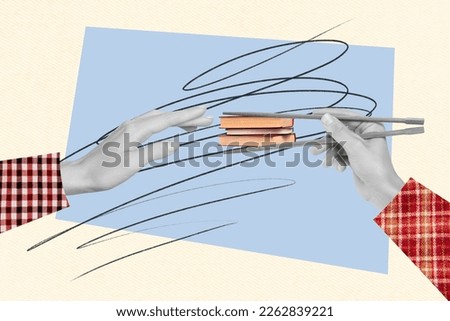 Composite collage of hands hold wooden chopsticks eat sushi absurd book concept read more get knowledge become smart isolated on drawing background