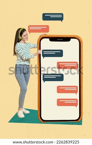 Vertical collage image of mini positive girl point finger touch huge smart phone screen chatting isolated on painted background