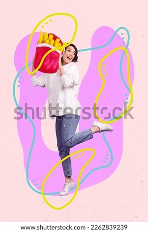 Creative collage advertisement delivery fast food nutrition online woman happiness hold mcdonalds fried potatoes isolated on painted background