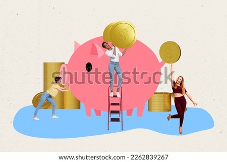 Composite creative photo collage piggy bank salary savings girls collect golden dollars coins investment funds isolated on white color background