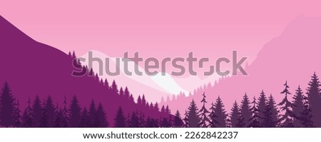 Vector illustration of a beautiful panoramic view. Mountains in fog with forest. Vector nature landscape with silhouettes of mountains and forest

