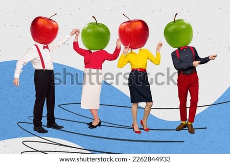 Artwork magazine collage picture of funny people having fun apples instead heads isolated drawing background