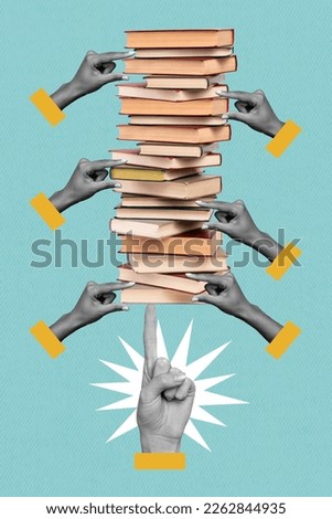 Collage artwork graphics picture of arms choosing book library variety isolated painting background