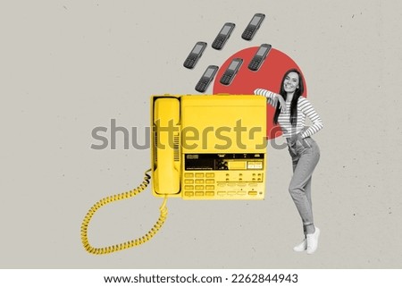 Creative photo collage of young woman office marketer digital gadget user telemarketing concept wire phone communicating isolated on grey background