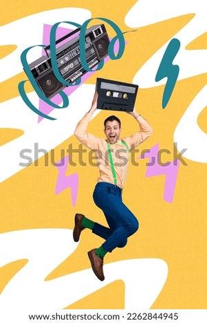 Vertical collage image of overjoyed positive mini guy arms hold big vintage tape recorder cassette boombox isolated on drawing background