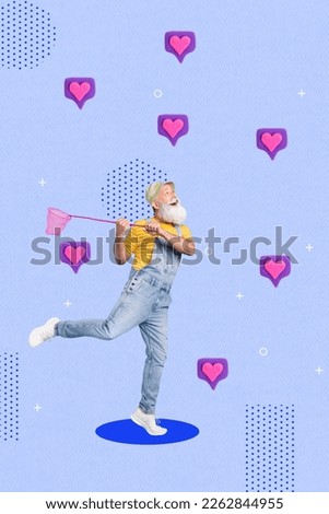 Vertical collage picture of excited cheerful grandfather hands hold butterfly net catch flying like notification facebook instagram