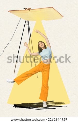 Photo collage of young careless freedom celebrate turn on lightbox lamp blackout ukraine dance finally electricity isolated on white background