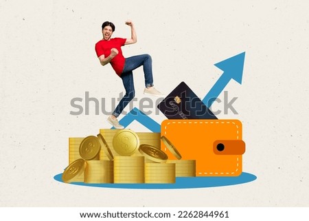 Composite collage image of excited delighted person stand pile stack money coins raise fists drawing arrow upwards isolated on creative background