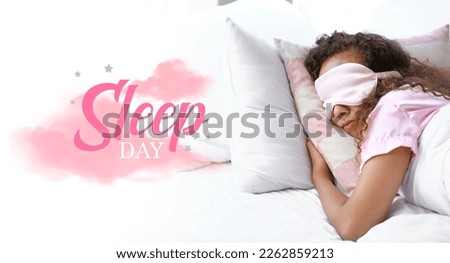 Banner for World Sleep Day with young woman in blindfold lying in bed Royalty-Free Stock Photo #2262859213