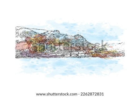 Building view with landmark of Positano is the 
village in Italy. Watercolor splash with hand drawn sketch illustration in vector.
