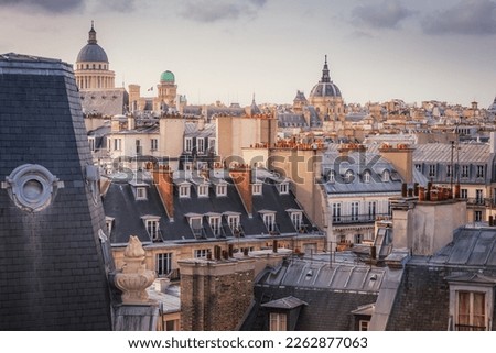 Saint-Germain-des-Pres and french roofs from above at sunrise, Paris, France Royalty-Free Stock Photo #2262877063