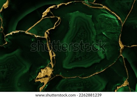 Agate Gemstone slices, marble texture in kintsugi style cracks and craquelure. Golden metallic swirls veins, slab crystalline texture of the natural stone for use as abstract background for design Royalty-Free Stock Photo #2262881239