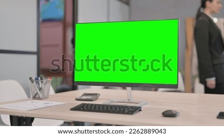 Computer with Green Screen in Office, Chroma Key