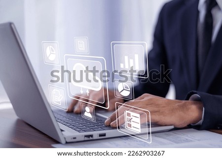 Businessman using computer, Cloud Computer technology and storage online for computer, computer backup storage data Internet technology backup online document,  backup data concept Royalty-Free Stock Photo #2262903267