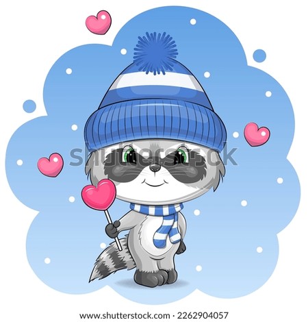 A cute cartoon raccoon in a winter hat and scarf is holding a lollipop. Vector illustration of an animal on a blue background with white dots and pink hearts.