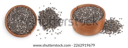 Chia seeds in wooden bowl isolated on white background with full depth of field. Top view. Flat lay. Royalty-Free Stock Photo #2262919679