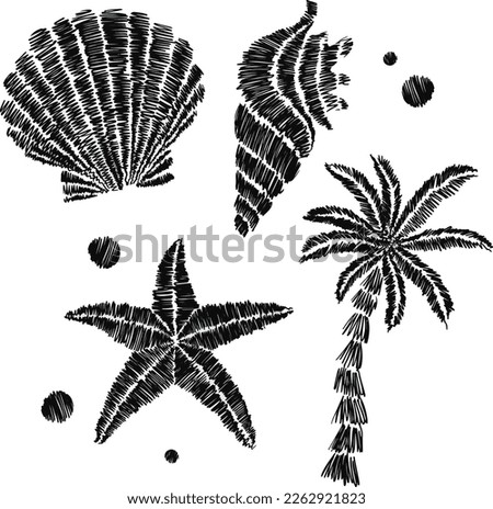 SEA SET EMBROIDERY ELEMENTS. OUTLINE, HAND DRAW ILLUSTRATION. COCONUT TREE, SHELL AND STARFISH  Royalty-Free Stock Photo #2262921823