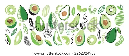 Abstract set with avocado. Whole avocado, halves of avocado and leaves. Elements isolated on a white background. Fruits in fun modern cartoon style. Vector illustration. Royalty-Free Stock Photo #2262924939
