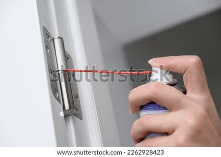 A man greases door hinges. A worker lubricating the closer adjustment. Royalty-Free Stock Photo #2262928423