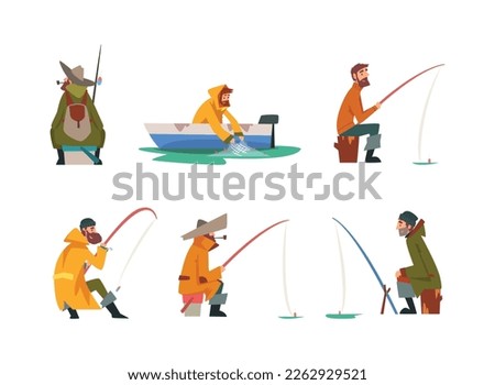 Fisherman characters set. Men in raincoat fishing with rod and net on shore and boat, cooking freshly caught fish on fire vector illustration