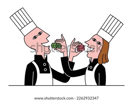 Vector illustration of a couple, man and woman, dressed as chefs and putting a piece of food into each other's mouths.