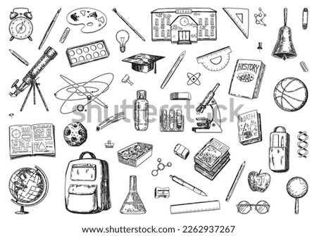 School attributes sketches collection. Set of textbooks, laboratory and classes equipment, stationery items. Hand drawn vector illustrations. Back to school clip arts isolated on white..