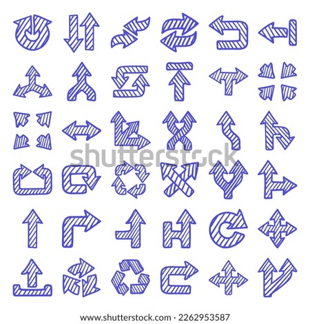 Set of various vector doodle sketch hatched hand drawing arrows.