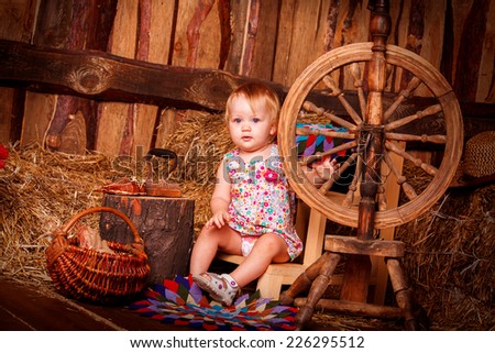 One beautiful blond european girl sitting on hay in wooden country 