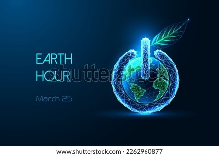 Earth Hour abstract futuristic concept banner with power button, planet Earth globe and green leaf on dark blue background. Energy saving. Glowing low polygonal design. Modern vector illustration