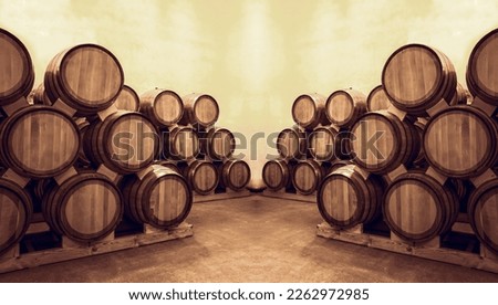 vine vaults. vintage oak barrels of craft beer or brandy. Wine or cognac barrels in the cellar of the winery, Wooden wine barrels in perspective.