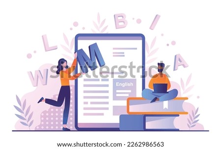 People learning language. Man and woman with books near smartphone screen. Distance education and training. Students with gadget and device., online lessons. Cartoon flat vector illustration
