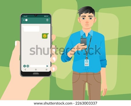 Modern communication stylish young staff employee businessman chat messages using chat apps or social networks on mobile phone