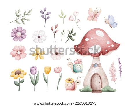 Watercolor illustration set of Flowers and leaves