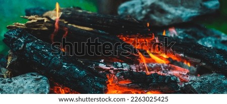 Vivid smoldered firewoods burned in fire close-up. Atmospheric warm background with orange flame of campfire and blue smoke. Unimaginable full frame image of bonfire. Burning logs in beautiful fire. Royalty-Free Stock Photo #2263025425