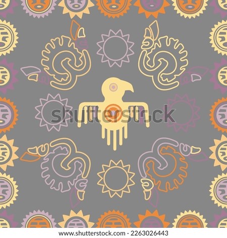 Aztec geometric background with fantastic human figures, head-masks, birds. Ethnic seamless pattern. Stylish Navajo design. Modern abstract wallpaper. Vector illustration
