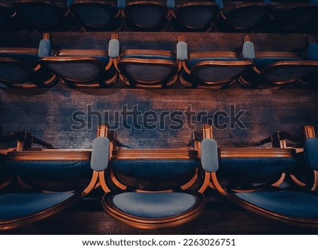 Empty Theatre Chairs. Vintage Opera or Cinema Seats. Selective Focus and Shallow Depth of Field Photo.