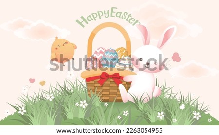 Happy Easter card, banner, background with mostly hares, eggs and chicks on the meadow
